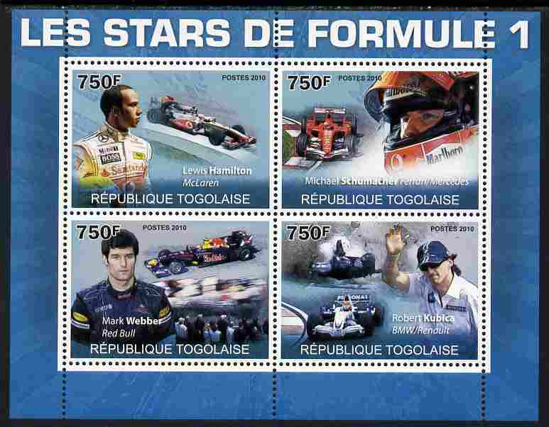 Togo 2010 Formula 1 Stars perf sheetlet containing 4 values unmounted mint Yvert 2272-75, stamps on , stamps on  stamps on sport, stamps on  stamps on  f1 , stamps on  stamps on formula 1, stamps on  stamps on cars, stamps on  stamps on ferrari, stamps on  stamps on mclaren, stamps on  stamps on 
