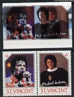 St Vincent 1985 Michael Jackson (Leaders of the World) $1 imperf se-tenant proof pair in 4 colours only - the blue & black shifted 7mm to the left (red-orange & silver omitted) with normal perf pair (as SG 942a) unmounted mint, stamps on music  personalities    pops