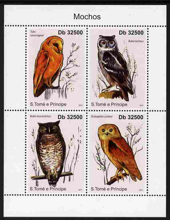 St Thomas & Prince Islands 2011 Owls perf sheetlet containing 4 values unmounted mint, stamps on , stamps on  stamps on birds, stamps on  stamps on birds of prey, stamps on  stamps on owls