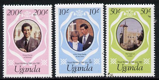 Uganda 1981 Royal Wedding redrawn set of 3, SG 345-47 unmounted mint*, stamps on royalty, stamps on diana, stamps on charles, stamps on 
