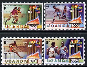 Uganda 1980 Moscow Olympic Games set of 4 unmounted mint, SG 325-28, stamps on olympics    sport    football    relay    hurdles    boxing