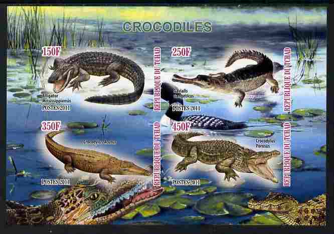 Chad 2011 Crocodiles imperf sheetlet containing 4 values unmounted mint, stamps on reptiles, stamps on crocodiles