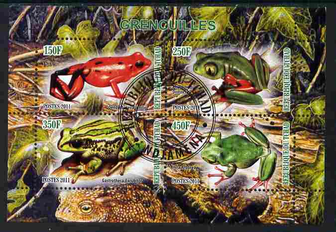 Chad 2011 Frogs #1 perf sheetlet containing 4 values cto used, stamps on reptiles, stamps on animals, stamps on frogs, stamps on amphibians