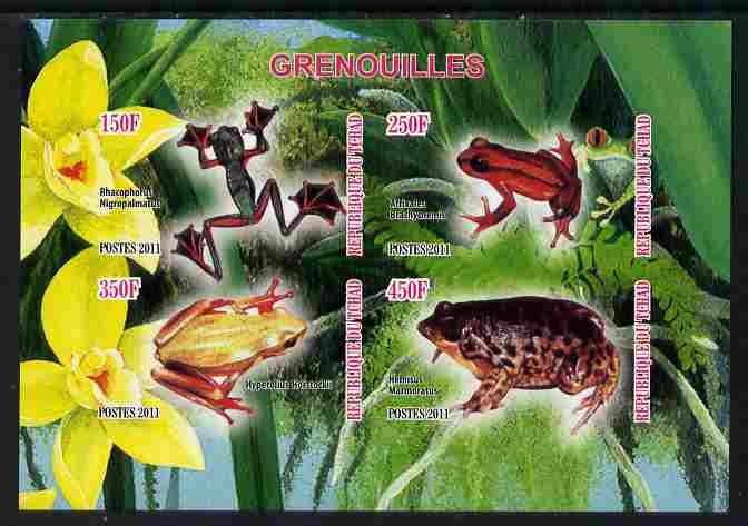 Chad 2011 Frogs #2 imperf sheetlet containing 4 values unmounted mint, stamps on reptiles, stamps on animals, stamps on frogs, stamps on amphibians