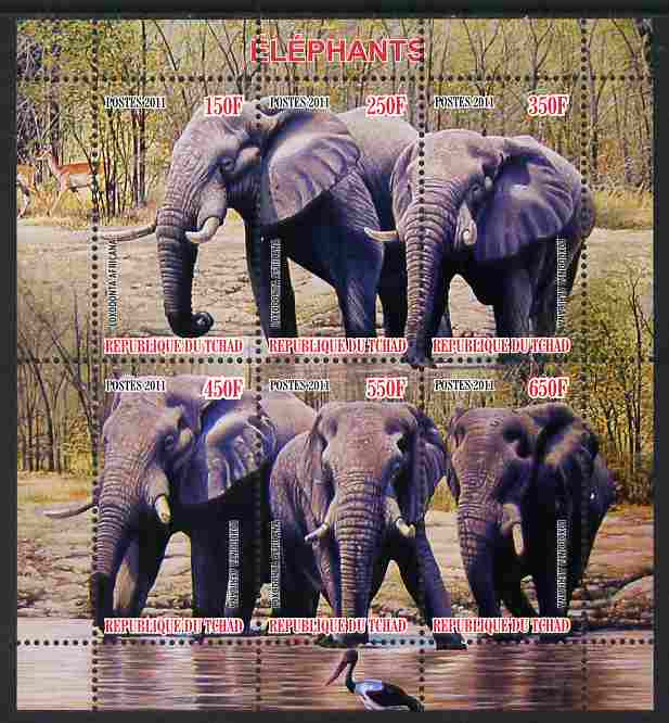 Chad 2011 Elephants perf sheetlet containing 6 values unmounted mint, stamps on animals, stamps on elephants