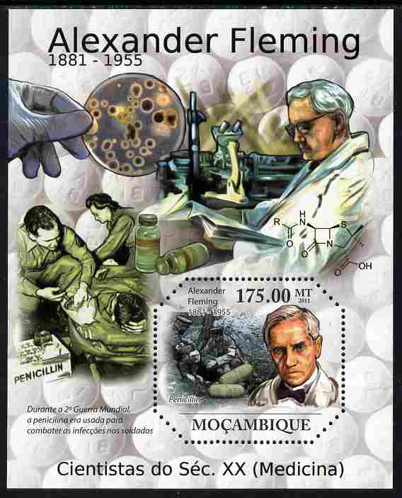 Mozambique 2011 Alexander Fleming perf m/sheet unmounted mint, stamps on personalities, stamps on medical, stamps on science, stamps on microscopes, stamps on scots, stamps on scotland, stamps on nobel