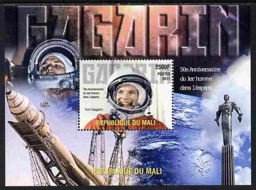 Mali 2011 50th Anniversary of First Man in Space - Yuri Gagarin perf m/sheet unmounted mint. Note this item is privately produced and is offered purely on its thematic appeal, stamps on personalities, stamps on space, stamps on rockets, stamps on gagarin