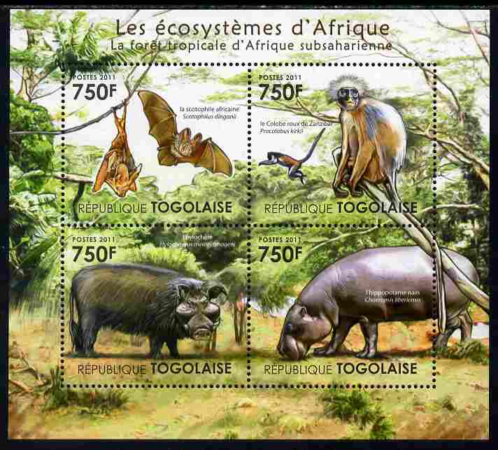 Togo 2011 Ecosystem of Africa - Animals of the Sub-Sahara Desert perf sheetlet containing 4 values unmounted mint , stamps on environment, stamps on animals, stamps on hippos, stamps on hogs, stamps on bats, stamps on apes