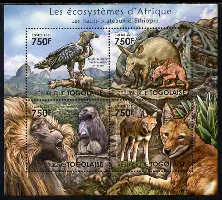 Togo 2011 Ecosystem of Africa - The Highlands of Ethiopia perf sheetlet containing 4 values unmounted mint , stamps on environment, stamps on animals, stamps on apes, stamps on wolves, stamps on birds of prey, stamps on eagles