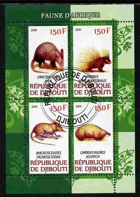 Djibouti 2011 African Fauna - Porcupines, Shrews & Aardvarks perf sheetlet containing 4 values cto used, stamps on animals, stamps on porcupines, stamps on shrews, stamps on aardvarks