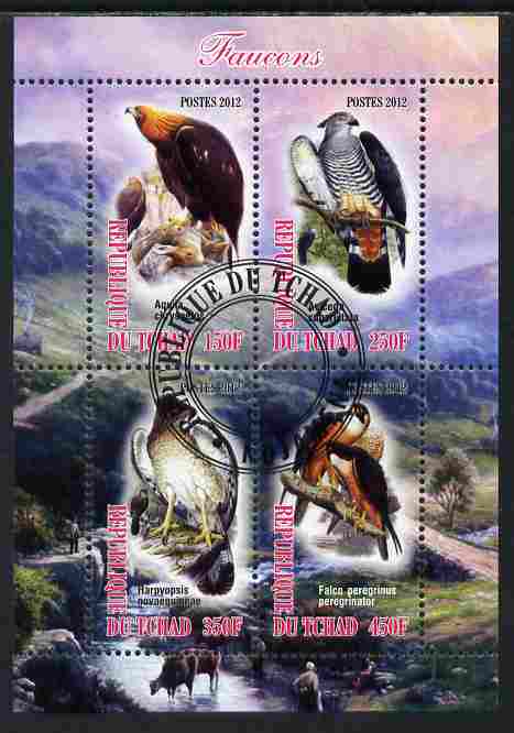 Chad 2012 Falcons perf sheetlet containing 4 values cto used, stamps on birds, stamps on birds of prey, stamps on falcons