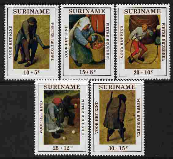 Surinam 1971 Child Welfare - Brueghel Paintings set of 5 unmounted mint, SG 704-8, stamps on children, stamps on arts, stamps on brueghel
