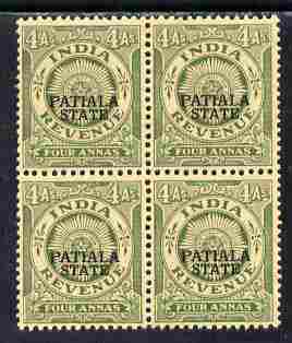 Indian States - Patiala 1934-49 4a green British Indian Revenue type opt'd Patiala State in block of 4, usual toned gum but unmounted mint, stamps on 
