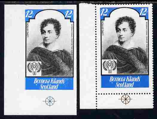 Bernera 1979 Int Year of the Child - Writers - Lord Byron 12p imperf proof complete with perf label as issued both unmounted mint, stamps on , stamps on  stamps on personalities, stamps on  stamps on literature, stamps on  stamps on byron, stamps on  stamps on  iyc , stamps on  stamps on 