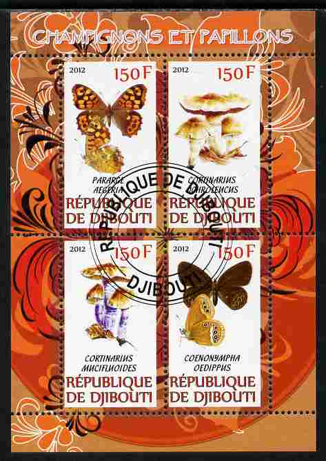 Djibouti 2012 Mushrooms & Butterflies #1 perf sheetlet containing 4 values cto used, stamps on fungi, stamps on butterflies