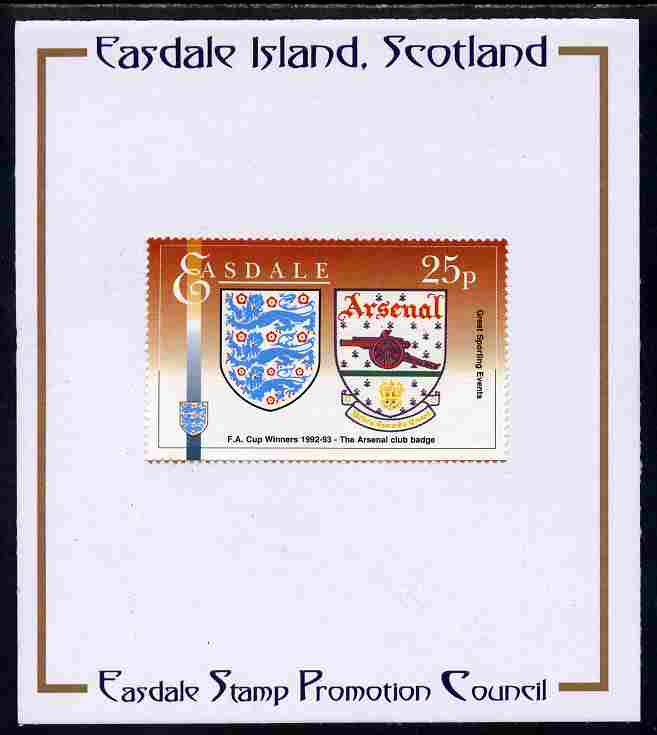 Easdale 1996 Great Sporting Events - Football 25p - Arsenal Club Badge Winners of 1992-93 FA Cup Final mounted on Publicity proof card issued by the Easdale Stamp Promotion Council , stamps on football