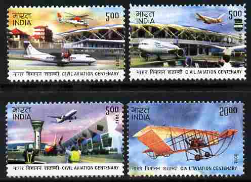 India 2012 100 Years of Civil Aviation perf set of 4 unmounted mint , stamps on aviation, stamps on airports