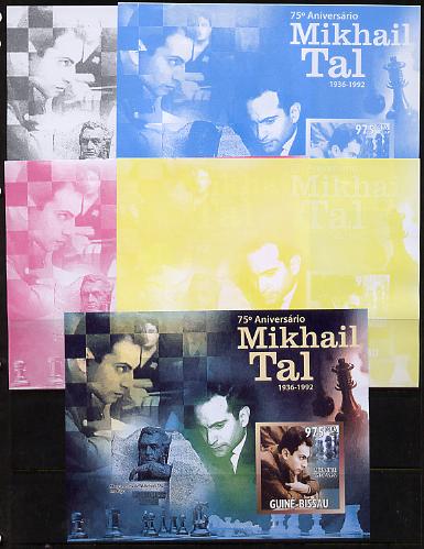 Guinea - Bissau 2011 Chess - 75th Birth Anniversary of Mikhail Tal #1 m/sheet sheet - the set of 5 imperf progressive proofs comprising the 4 individual colours plus all 4-colour composite, unmounted mint , stamps on , stamps on  stamps on personalities, stamps on  stamps on chess, stamps on  stamps on 