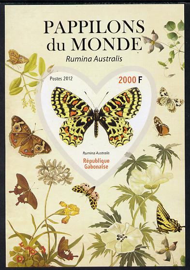 Gabon 2012 Butterflies of the World #3 - Rumina australis imperf souvenir sheet containing heart-shaped stamp unmounted mint, stamps on butterflies, stamps on shaped, stamps on 