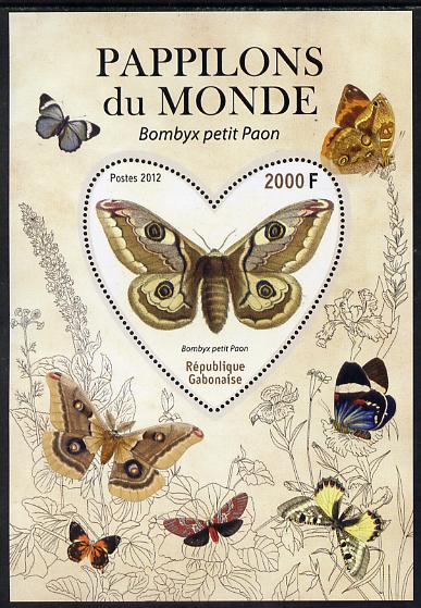 Gabon 2012 Butterflies of the World #6 - Bombyx petit paon perf souvenir sheet containing heart-shaped stamp unmounted mint, stamps on butterflies, stamps on shaped, stamps on 