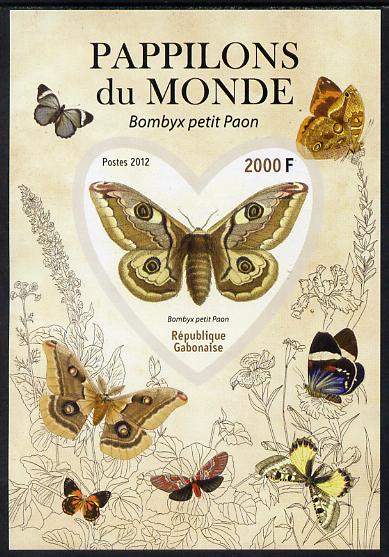 Gabon 2012 Butterflies of the World #6 - Bombyx petit paon imperf souvenir sheet containing heart-shaped stamp unmounted mint, stamps on butterflies, stamps on shaped, stamps on 