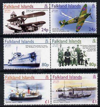 Falkland Islands 2005 60th Anniversary of End of Second World War set of 6 (3 se-tenant pairs) unmounted mint SG 1015-20, stamps on ships, stamps on aviation, stamps on  ww2 , stamps on spitfires, stamps on medical, stamps on flying boats