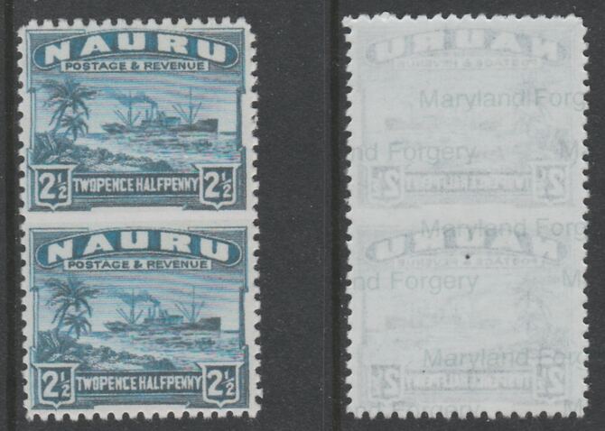 Nauru 1924-48 Century 2.5d dull blue vertical pair imperf between,  'Maryland' forgery on gummed paper, as SG 308a - the word Forgery is either handstamped or printed on the back and comes on a presentation card with descriptive notes, stamps on maryland, stamps on forgery, stamps on forgeries, stamps on  kg5 , stamps on ships