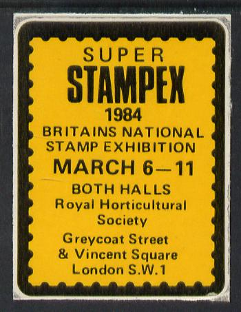 Cinderella - Great Britain 1984 Super Stampex self adhesive Exhibition label , stamps on , stamps on  stamps on stamp exhibitions, stamps on  stamps on self adhesive, stamps on  stamps on cinderella