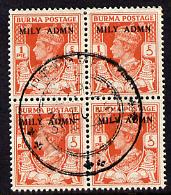 Burma 1945 Mily Admin opt on KG6 1p red-orange block of 4 with central cds cancel SG 35, stamps on , stamps on  kg6 , stamps on 