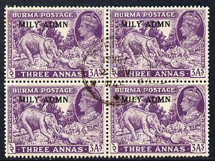 Burma 1945 Mily Admin opt on Elephant & Teak 3a violet block of 4 with central cds cancel SG 43, stamps on , stamps on  kg6 , stamps on elephants, stamps on trees