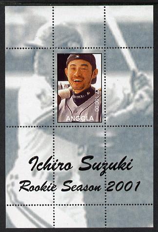 Angola 2001 Baseball Rookie Season - Ichiro Suzuki perforated proof s/sheet with blue-grey background and different image to the issued design, unmounted mint and one of only 3 sheets so produced, stamps on personalities, stamps on sport, stamps on baseball