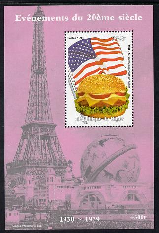 Niger Republic 1998 Events of the 20th Century 1930-1939 First Cheeseburger by Carl Kaelen perf souvenir sheet unmounted mint. Note this item is privately produced and is offered purely on its thematic appeal, stamps on millennium, stamps on eiffel tower, stamps on food