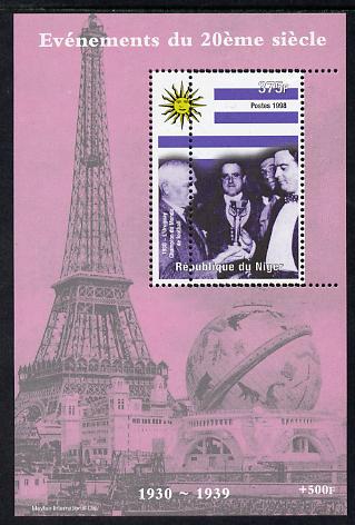 Niger Republic 1998 Events of the 20th Century 1930-1939 Uruguay Football World Champions perf souvenir sheet with perforations doubled unmounted mint, stamps on millennium, stamps on eiffel tower, stamps on football