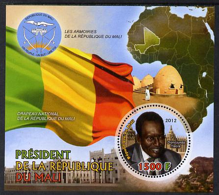 Mali 2012 President Dioncounda Traore perf m/sheet containing circular shaped 1500F value unmounted mint , stamps on personalities, stamps on constitutions, stamps on flags, stamps on circular, stamps on shaped, stamps on maps