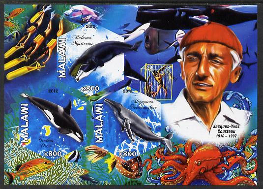 Malawi 2012 Jacques Yves Cousteau imperf sheetlet containing 3 hexagonal shaped values unmounted mint , stamps on personalities, stamps on hexagonal, stamps on shaped, stamps on whales, stamps on dolphins, stamps on marine life, stamps on scuba, stamps on octopus