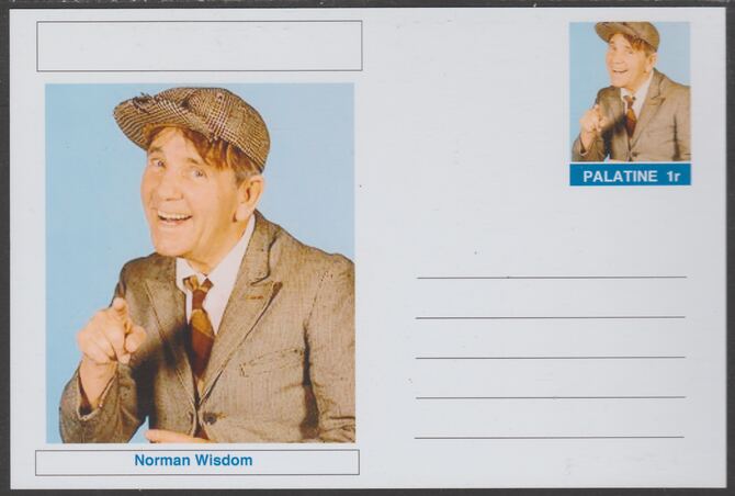 Palatine (Fantasy) Personalities - Norman Wisdom (comic actor) postal stationery card unused and fine, stamps on personalities, stamps on films, stamps on cinema, stamps on movies, stamps on comedy, stamps on  tv , stamps on music, stamps on 