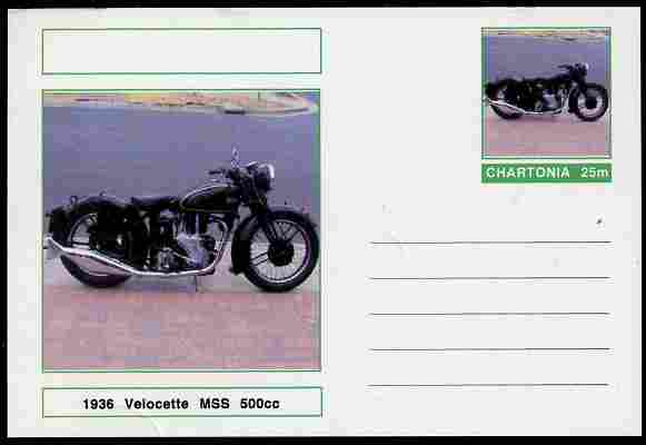 Chartonia (Fantasy) Motorcycles - 1936 Velocette MSS postal stationery card unused and fine, stamps on transport, stamps on motorbikes, stamps on 