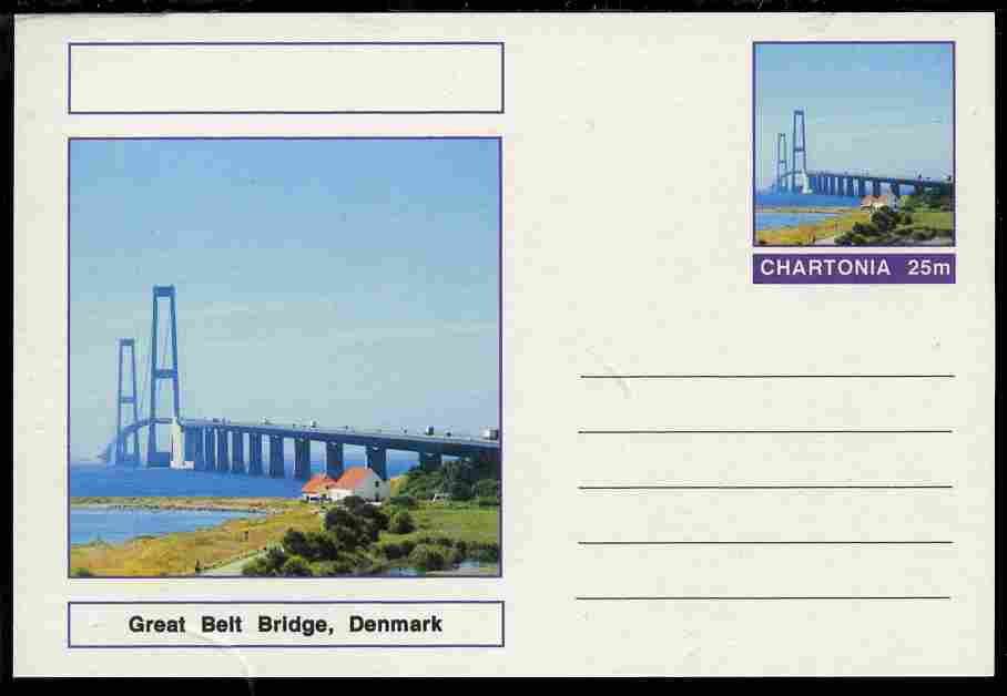 Chartonia (Fantasy) Bridges - Great Belt Bridge, Denmark postal stationery card unused and fine, stamps on bridges, stamps on civil engineering