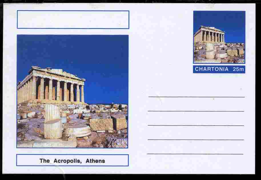 Chartonia (Fantasy) Landmarks - The Acropolis, Athens, postal stationery card unused and fine, stamps on tourism, stamps on civil engineering, stamps on ancient greece