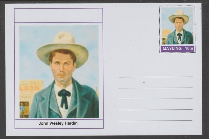 Mayling (Fantasy) Wild West - John Wesley Hardin glossy postal stationery card unused and fine, stamps on personalities, stamps on wild west