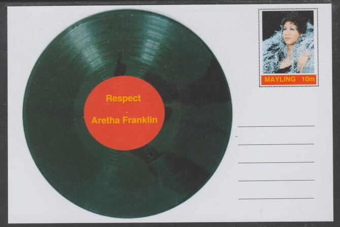 Mayling (Fantasy) Greatest Hits - Aretha Franklin - Respect - glossy postal stationery card unused and fine, stamps on personalities, stamps on music, stamps on pops, stamps on 