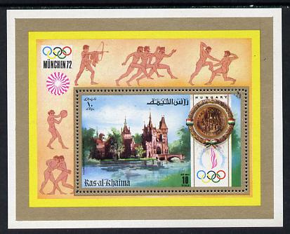 Ras Al Khaima 1972 Olympics (Vajdahunyad Castle) perf m/sheet unmounted mint (Mi BL 134A), stamps on sport     castles    olympics, stamps on ancient greece 