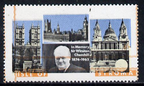 Stroma 1968 Churchill 5s with orange (frame, name & value) misplaced (slight set-off on gummed side), stamps on churchill  personalities 