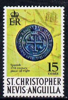 St Kitts-Nevis 1970-74 'Piece of Eight' 15c with corrected spelling of Hispaniarum  from def set unmounted mint, SG 214a, stamps on coins, stamps on explorers, stamps on pirates