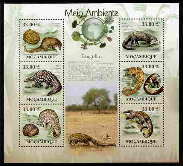 Mozambique 2010 The Environment - Pangolins perf sheetlet containing 6 values unmounted mint Michel 3590-95, stamps on animals, stamps on pangolins, stamps on ant eaters, stamps on environment