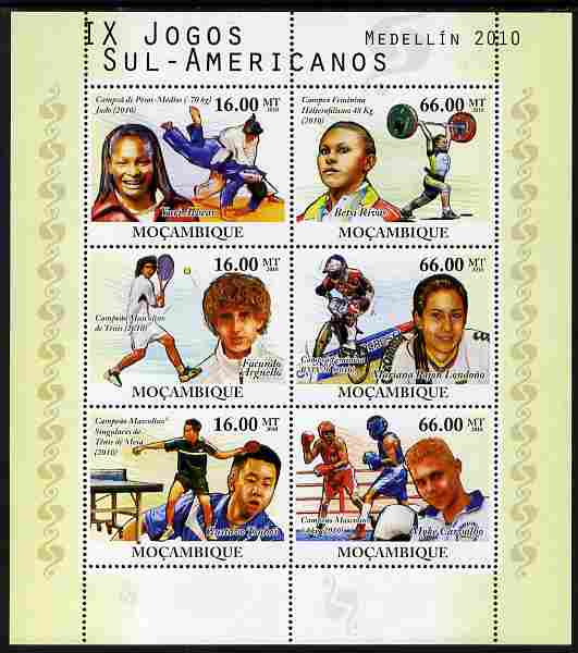 Mozambique 2010 South American Games perf sheetlet containing 6 values unmounted mint , stamps on sport, stamps on bicycles, stamps on tennis, stamps on weights, stamps on weight lifting, stamps on table tennis, stamps on judo, stamps on boxing, stamps on , stamps on martial arts