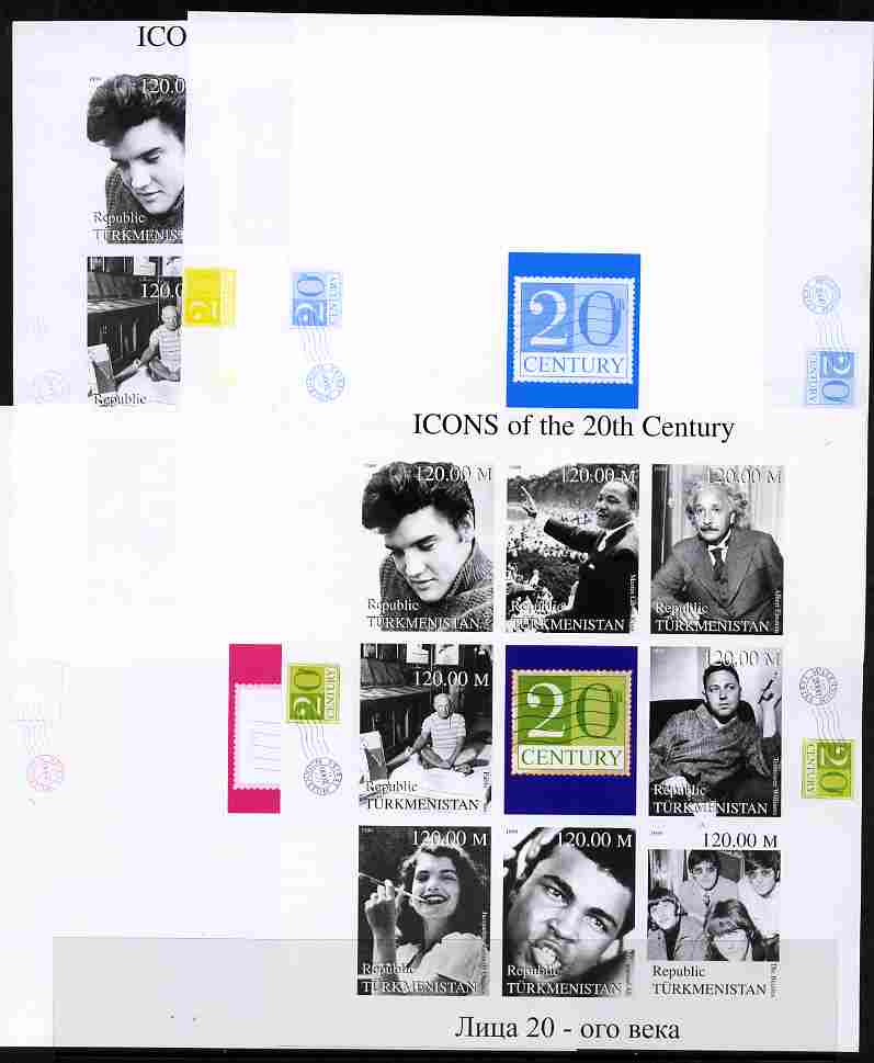 Turkmenistan 1999 Icons of the 20th Century #1 sheetlet containing set of 8 values (Elvis, Einstein, Ali, Beatles etc) - the set of 5 imperf progressive proofs comprising 4 individual colours plus all 4-colour composite, unmounted mint , stamps on personalities, stamps on elvis, stamps on movies, stamps on cinema, stamps on films, stamps on boxing, stamps on physics, stamps on science, stamps on judaica, stamps on millennium, stamps on nobel, stamps on islam, stamps on personalities, stamps on einstein, stamps on science, stamps on physics, stamps on nobel, stamps on maths, stamps on space, stamps on judaica, stamps on atomics, stamps on beatles