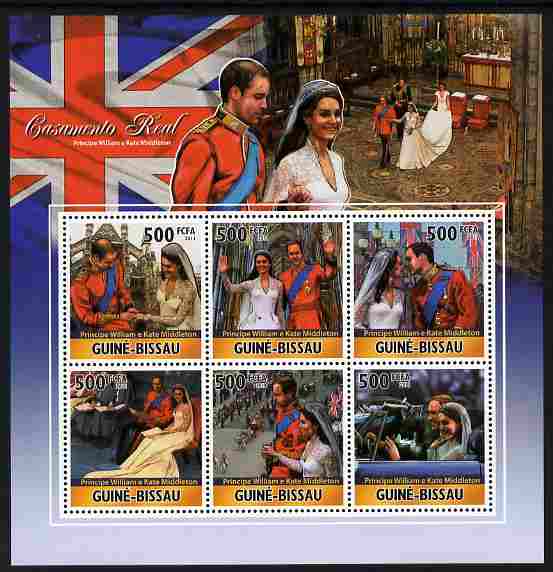 Guinea - Bissau 2011 Royal Wedding - William & Kate perf sheetlet containing 6 values unmounted mint, stamps on royalty, stamps on royal wedding, stamps on william, stamps on kate