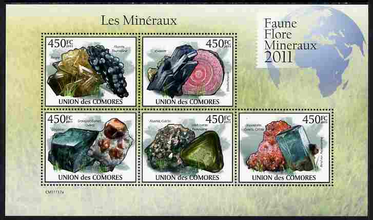 Comoro Islands 2011 Minerals #3 perf sheetlet containing 5 values unmounted mint , stamps on minerals