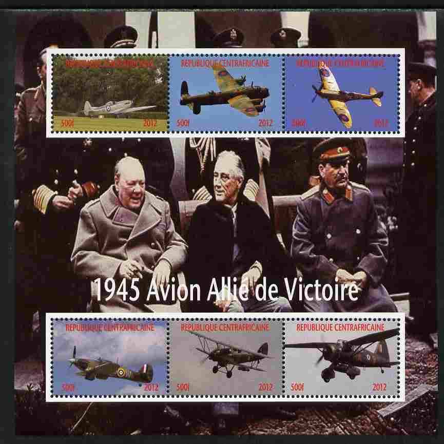 Central African Republic 2012 Allied Aircraft of WW2 perf sheetlet containing 6 values unmounted mint. Note this item is privately produced and is offered purely on its thematic appeal, stamps on aviation, stamps on personalities, stamps on churchill, stamps on constitutions, stamps on  ww2 , stamps on masonry, stamps on masonics, stamps on 